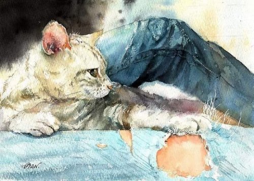 Китайский художник показывает жизнь кошек в своих акварельных рисунках (23 фото)