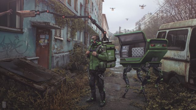 "Рождённые доставлять": питерский художник показал мир, в котором единственной опорой человечества стали курьеры (3 фото)